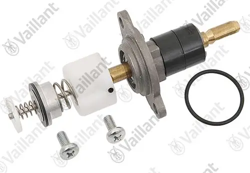Vaillant Ventil mit Feder und Dichtungsring, montiert auf einer Halterung, mit o-förmiger Dichtung und Schrauben zur Befestigung.